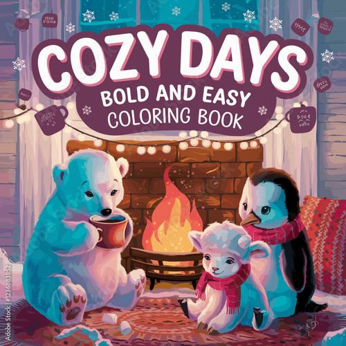 cute coloring book cover, cover, cute kids illustration, cartoon cover, cartoon illustration, kawaii coloring, easy and bold, kawaii cover, cozy, cozy cover, fuzzy, hygge, coloring pages, adult colori
