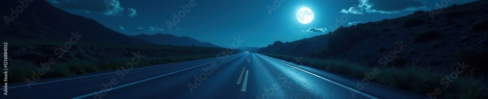 Fototapeta premium Moonlit asphalt road stretching into darkness, moonlight, drive