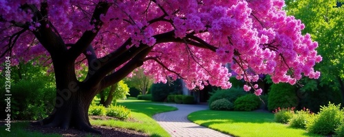 Jacaranda tree in full bloom with a garden path under it, path, garden photo