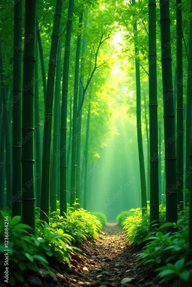 Obraz premium Bamboo forest landscape with bamboo stems and leaves, greenery, green, nature