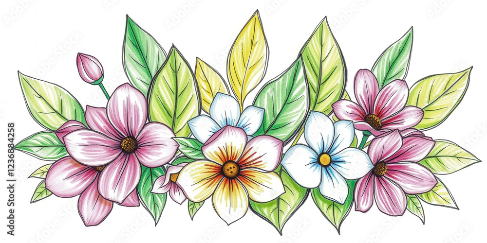 Fototapeta premium A colorful bouquet of flowers with a white stem. The flowers are pink, yellow, and white