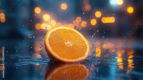 Orange slice splashing in water on reflective surface with bokeh background photo