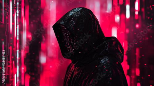 Hooded figure in a futuristic setting with neon red lights, digital aesthetics, and a mysterious atmosphere photo