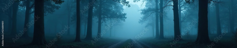 Dark forest with dense trees and foggy atmosphere, eerie, fog
