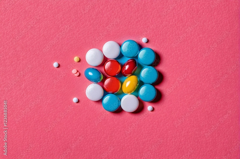 Obraz premium A close up of many white pills on a pink background
