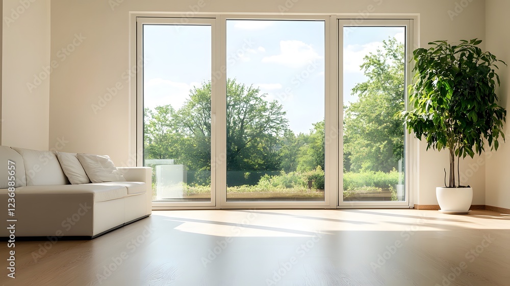 Fototapeta premium Modern living room with large window and leafy green view,