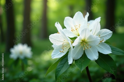 Large white rhododendron flowers in a forest clearing, evergreen, white