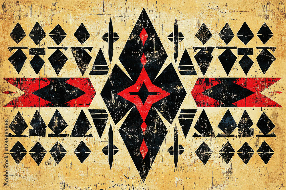 Fototapeta premium Bold black and red tribal design showcases cultural heritage on sandy beige background