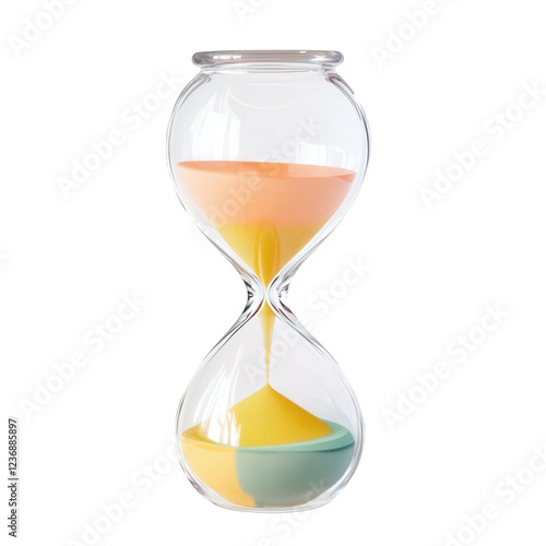 transparent background, PNG, A stylized hourglass with a transparent glass body, filled with vibrant pastel sand