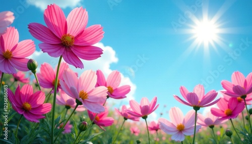 Fleurs de cosmos dans un jardin avec soleil et ciel bleu, fleurs, ciel bleu