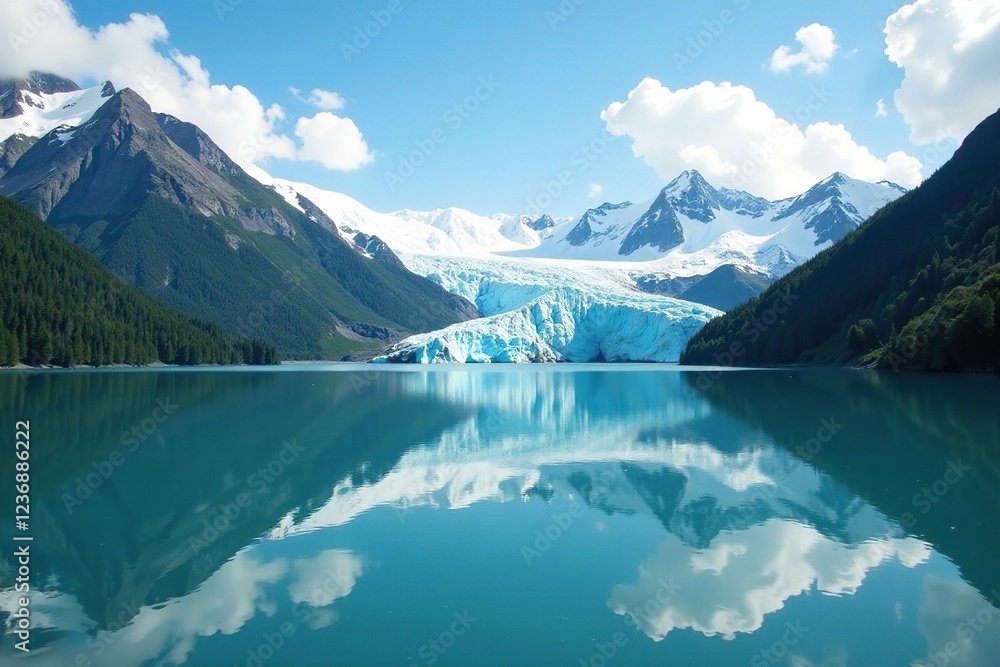 Naklejka premium Reflections of majestic glaciers on still water surface, lake, landscape, peaceful