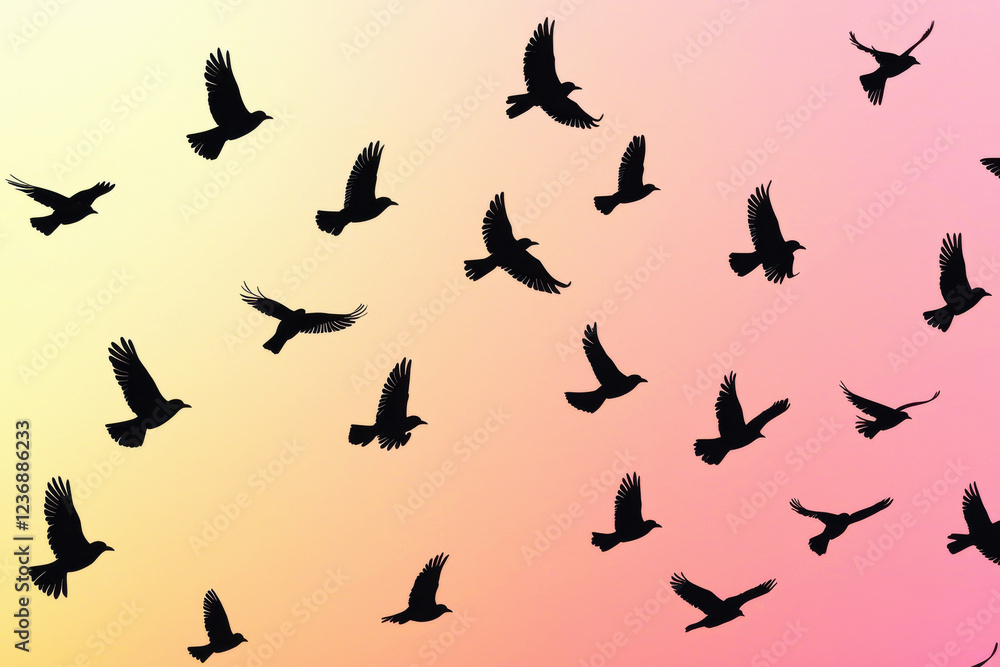 Fototapeta premium Dynamic silhouettes of birds in flight against a pastel sunset gradient showcasing nature's beauty