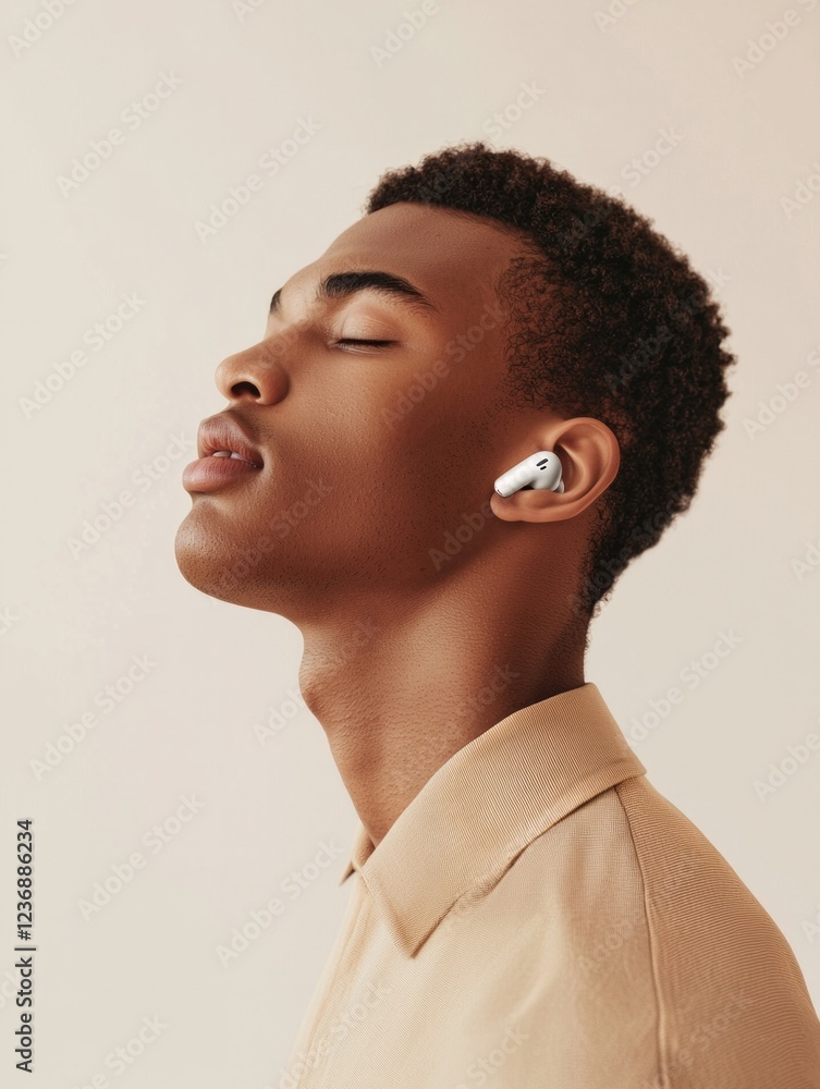 Side profile of a person with closed eyes wearing wireless earbuds in calm atmosphere Side profile of a person with closed eyes wearing wireless earbuds in calm atmosphere
