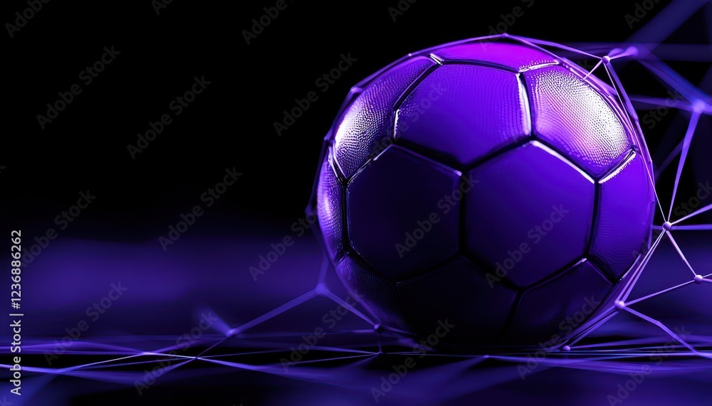 Fototapeta premium A vibrant purple soccer ball set against a dark, abstract background with a modern artistic flair.