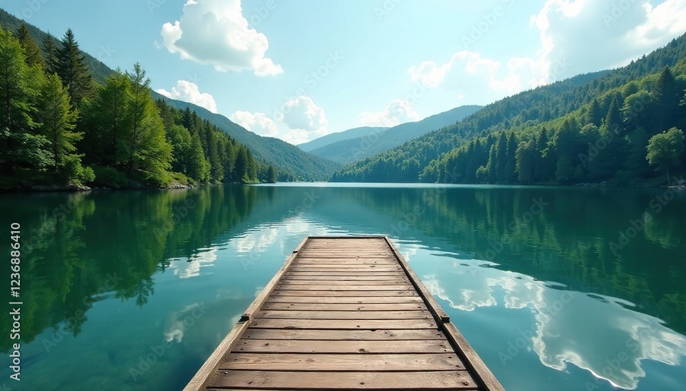 A small wooden dock extends into the lake's calm water, lake, trees A small wooden dock extends into the lake's calm water, lake, trees