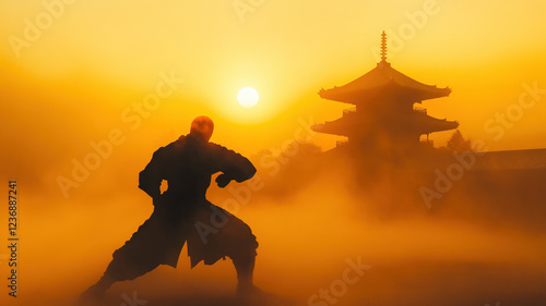 Martial Arts Warrior Ninja Performing Kung Fu Move Near Ancient Temple At Sunset