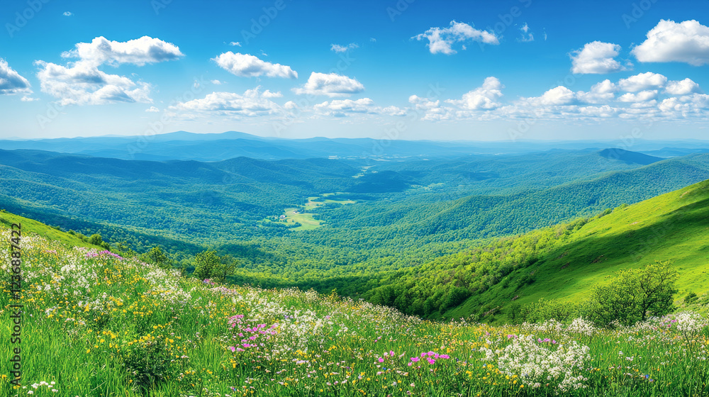 Obraz premium Breathtaking spring mountain landscape with vibrant green valleys and blooming wildflowers