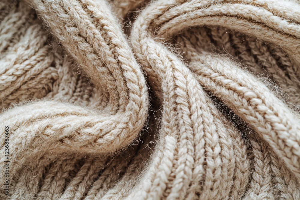 Close-up of a chunky knit sweater showcasing soft beige wool texture and natural fibers for a cozy rustic feel Close-up of a chunky knit sweater showcasing soft beige wool texture and natural fibers for a cozy rustic feel