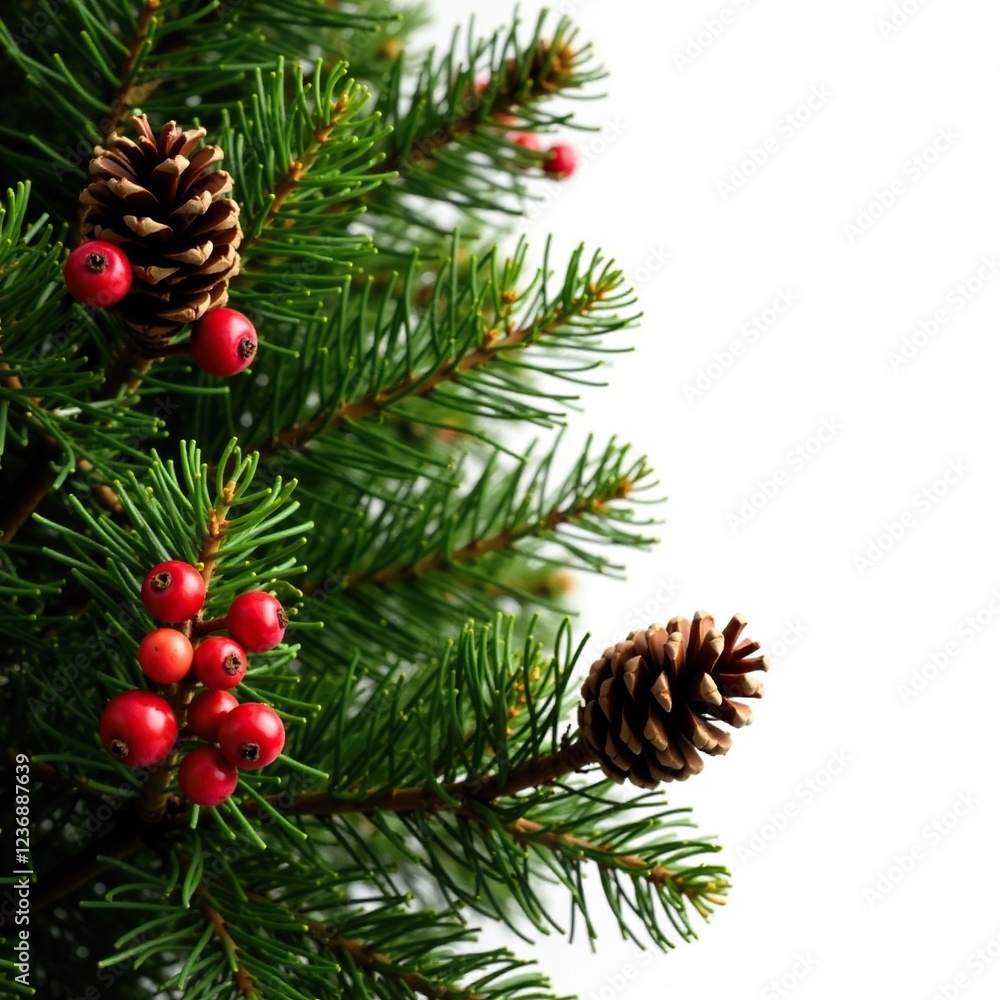 Fir tree with pinecones and holly berries isolated on white background, cone, organic, texture Fir tree with pinecones and holly berries isolated on white background, cone, organic, texture