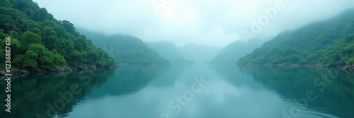 Foggy Lagoa Funda deep lagoon with lush greenery and volcanic crater reflections, volcanic, fog photo