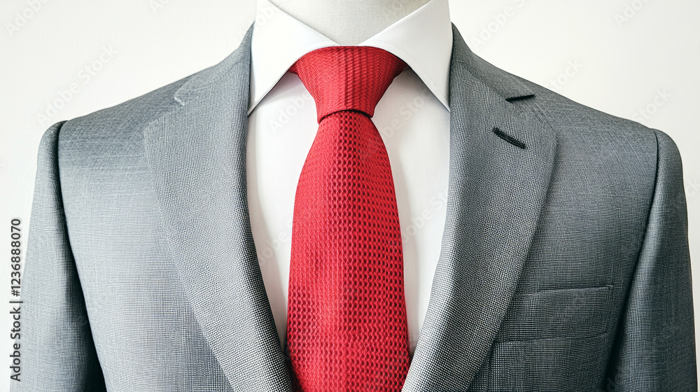 Classic grey suit with vibrant red tie displayed on mannequin in minimalist setting Classic grey suit with vibrant red tie displayed on mannequin in minimalist setting