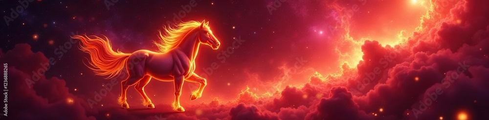 Flame-licked mane and tail in a swirling crimson nebula, swirling, mane Flame-licked mane and tail in a swirling crimson nebula, swirling, mane