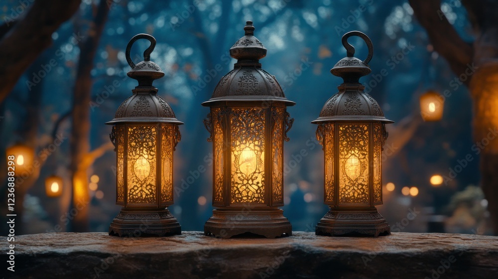 Ornate lanterns in a mystical forest at twilight Ornate lanterns in a mystical forest at twilight