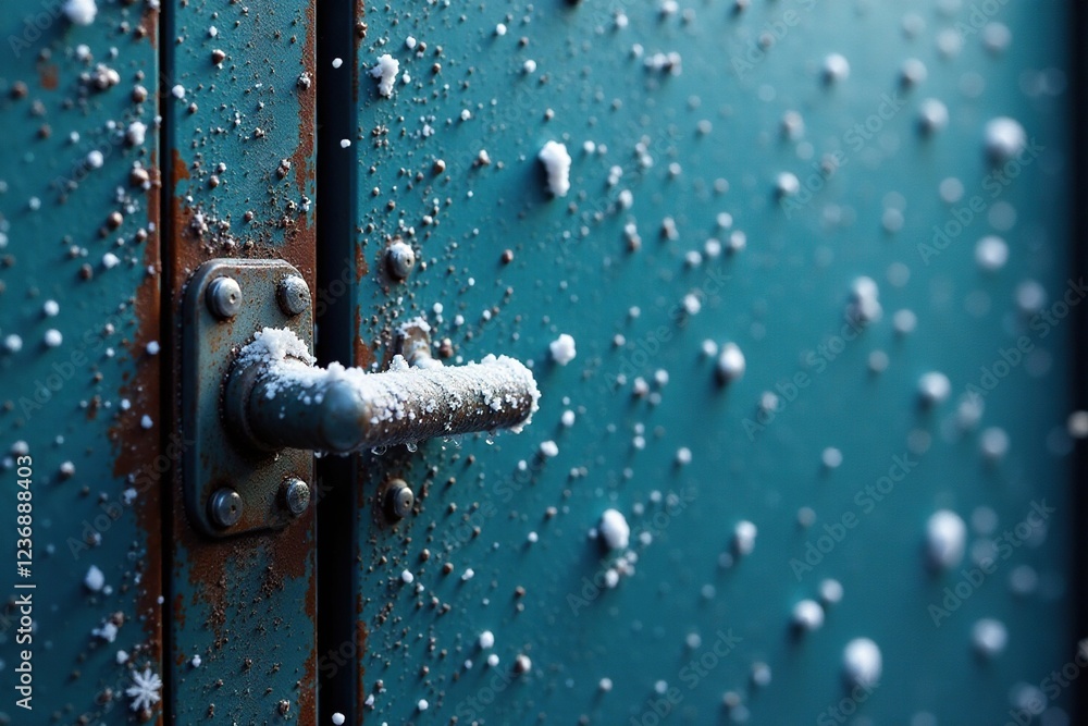Snowflakes gently falling on a frosty metal door, doorway, metal, icy Snowflakes gently falling on a frosty metal door, doorway, metal, icy