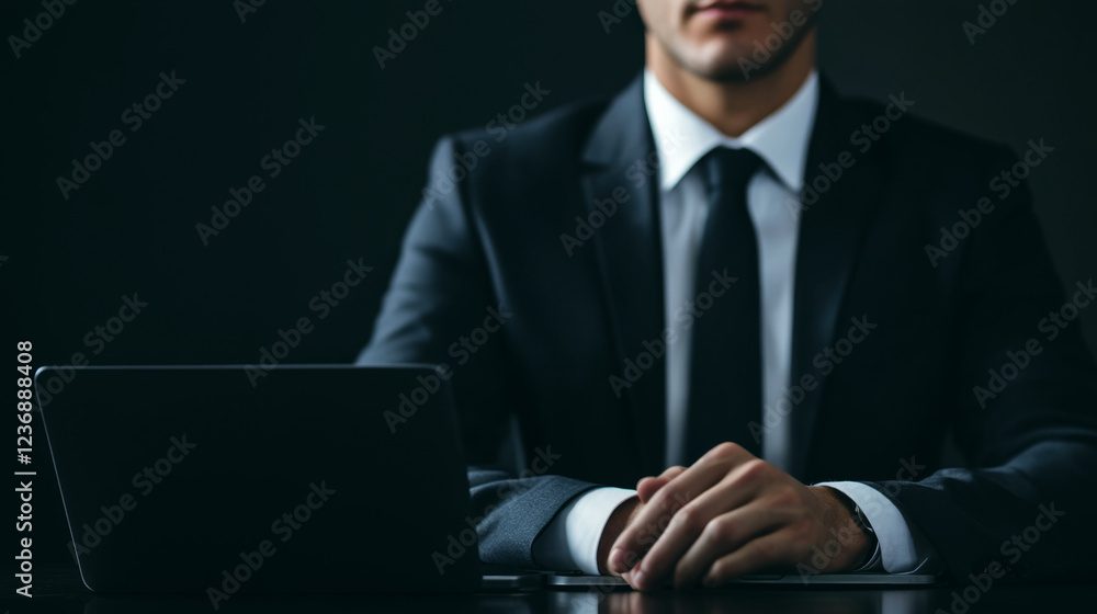 Professional businessman in suit working at desk in modern corporate office setting Professional businessman in suit working at desk in modern corporate office setting