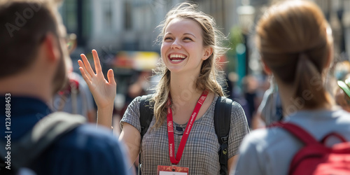 Tour guide leading a group of visitors to tourist attractions, giving them information and insights, pointing at local architecture.