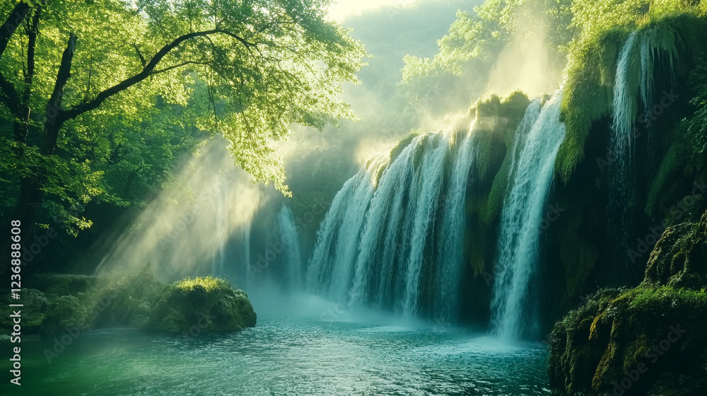 Spring waterfall cascades through emerald forest creating a fairy-tale atmosphere Spring waterfall cascades through emerald forest creating a fairy-tale atmosphere