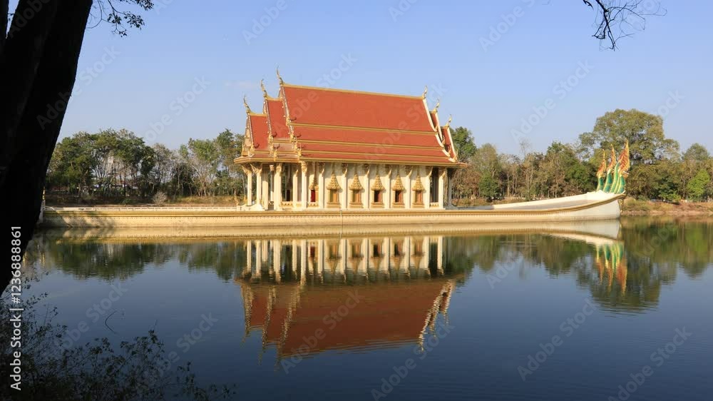 Video background of a beautiful religious tourist attraction located in the middle of the water at Wat Sa Prasan Suk(Wat Ban Na Muang),Ubon Ratchathani, Thailand.Tourists always come to see beauty.