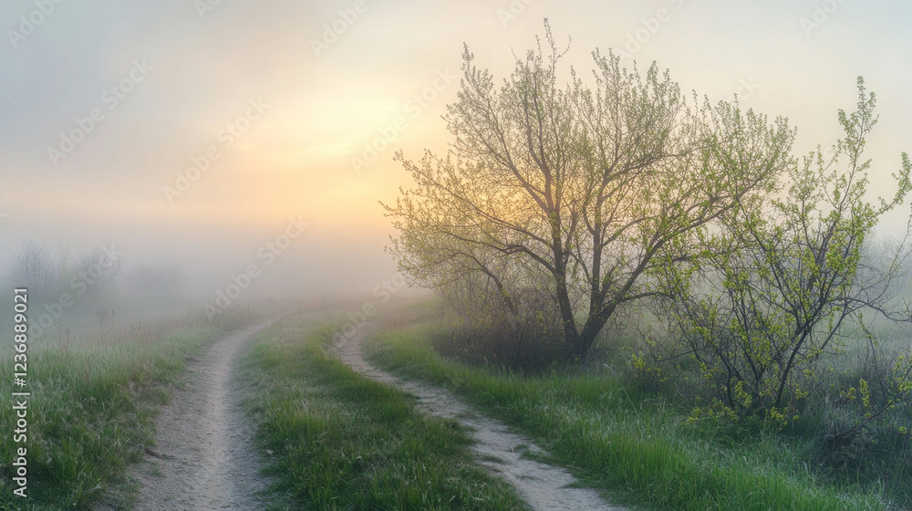 Misty spring path with young trees and golden sunrise light creating a mystical ambiance Misty spring path with young trees and golden sunrise light creating a mystical ambiance