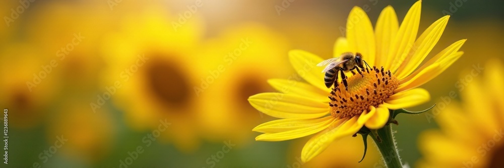 A single bee landing on the soft petals of a sunflower, flowers, gentle touches, flower field A single bee landing on the soft petals of a sunflower, flowers, gentle touches, flower field