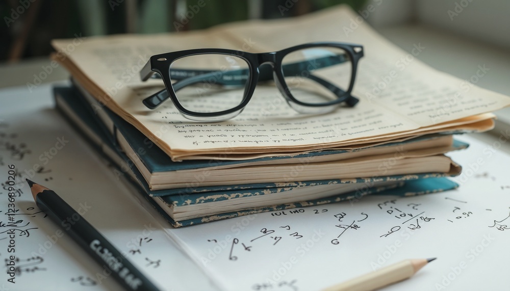 Study materials with glasses and pencil on textbooks and notes for learning Study materials with glasses and pencil on textbooks and notes for learning