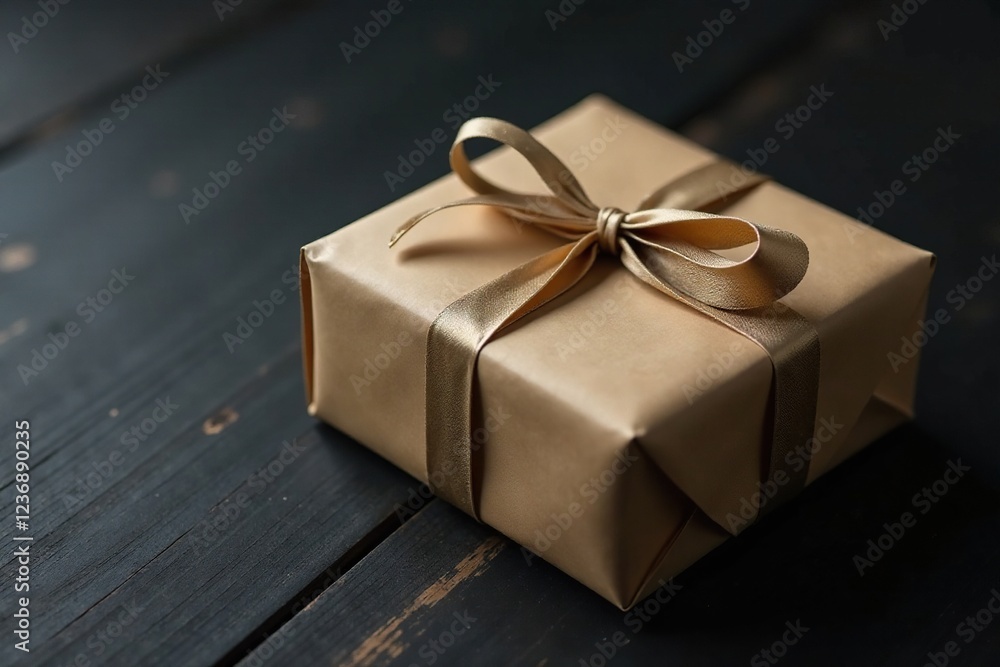 A single wrapped gift on a black wooden table, minimalist, paper, elegance A single wrapped gift on a black wooden table, minimalist, paper, elegance