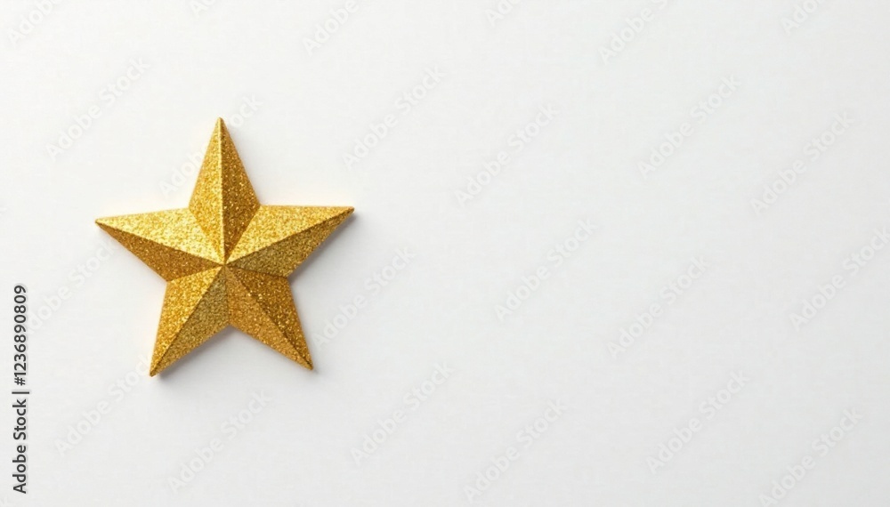 Glittering gold star on white background isolated against plain, background, paper cut Glittering gold star on white background isolated against plain, background, paper cut