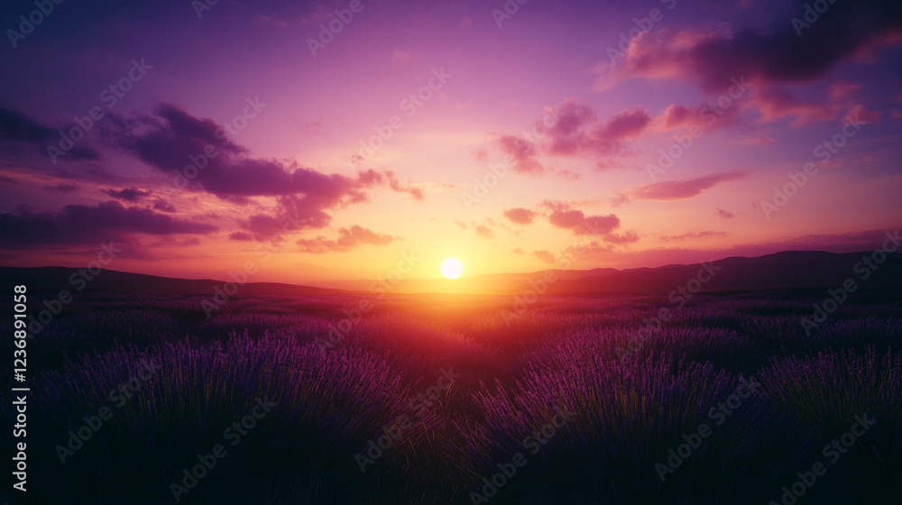Obraz premium Spring sunset casting vibrant colors over a lavender field