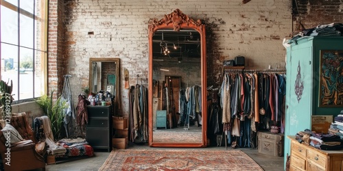 Stylish vintage clothing store interior featuring a large ornate mirror, ideal for fashion retail promotions and interior design inspiration.