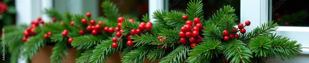 Fresh fir branches adorned with red berries in a window box, evergreen foliage, fir trees, garden decor Fresh fir branches adorned with red berries in a window box, evergreen foliage, fir trees, garden decor