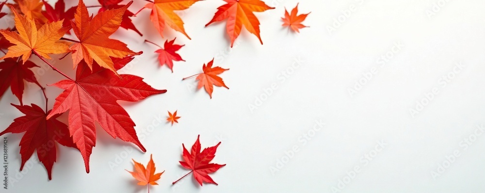 Burnt orange leaves fall gently on pristine white surface, red sugar maple, foliage Burnt orange leaves fall gently on pristine white surface, red sugar maple, foliage
