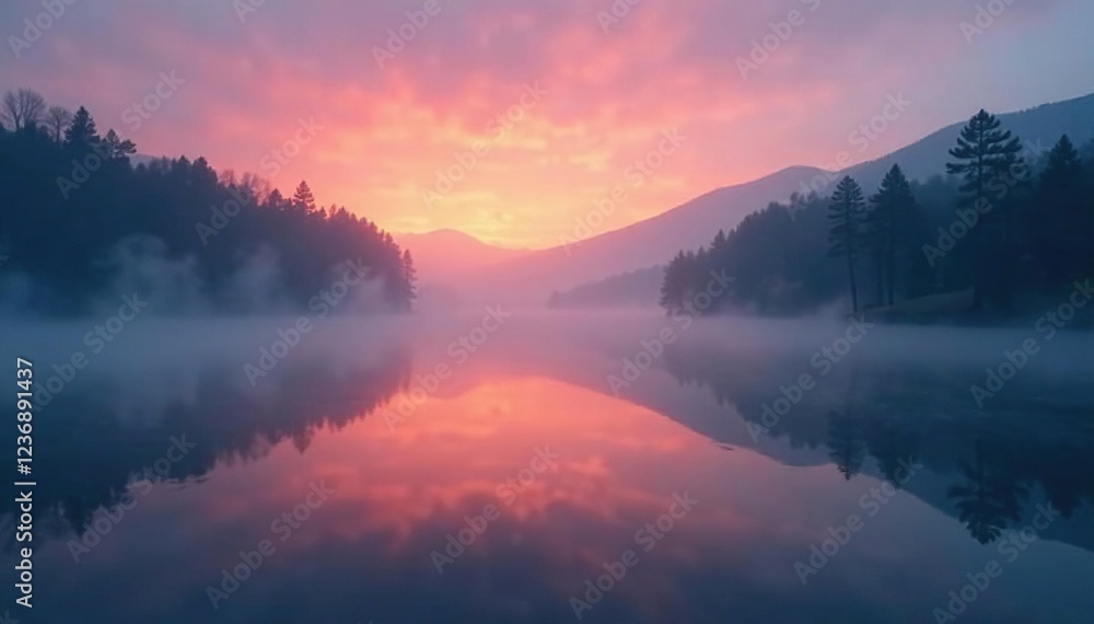 Obraz premium Foggy mist rises above calm lake water, casting an eerie atmosphere, twilight, lake, atmospheric