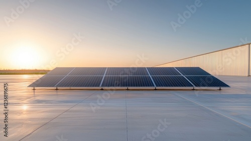 Rooftop solar panels at sunset, near industrial building