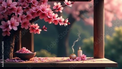 Cherry blossoms on wooden shrine altar with incense sticks and paper offerings, sacred, shrine, peaceful