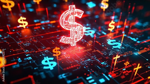 Digital currency marketplace showcasing vibrant dollar signs over a complex network of data and technology
