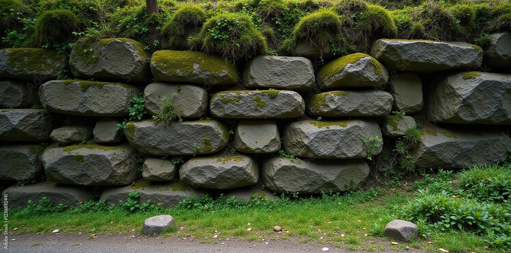 Moss-covered stone wall in a rugged landscape, erosion, barren Moss-covered stone wall in a rugged landscape, erosion, barren