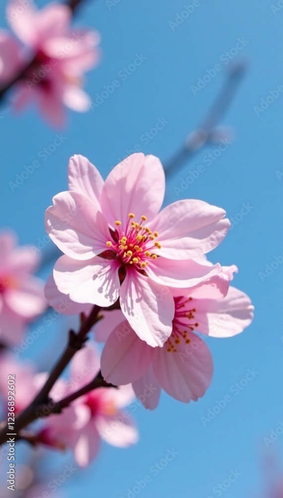 Soft pink petals unfurl on cherry blossoms against clear blue, sky, branch, flower Soft pink petals unfurl on cherry blossoms against clear blue, sky, branch, flower