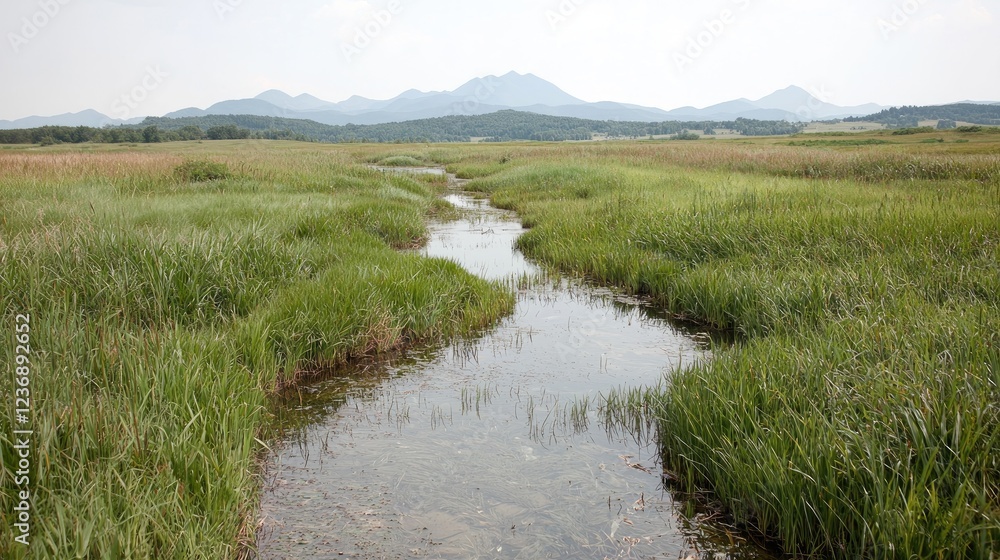 Serene stream flows through grassy field, mountains backdrop; nature scene Serene stream flows through grassy field, mountains backdrop; nature scene