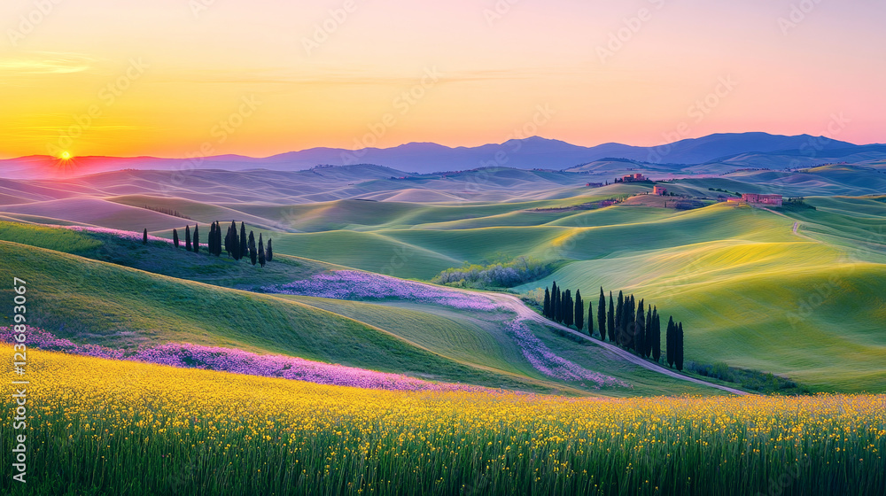 Fototapeta premium Picturesque countryside at sunset with rolling fields of colorful blossoms and tranquility