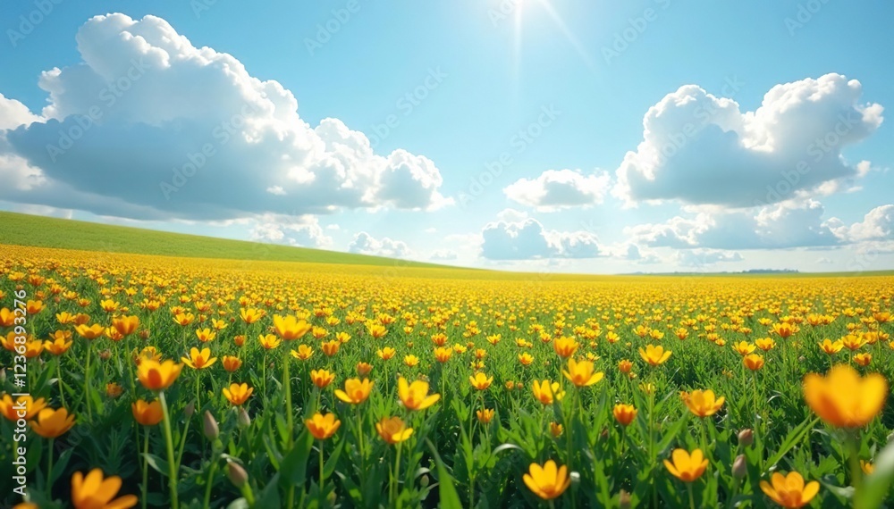 Fototapeta premium Clouds cast dappled shade on a field of flowers, shade, cloud, spring